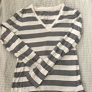 Women’s cotton v-neck long sleeve striped cotton shirt. Cream with black stripes